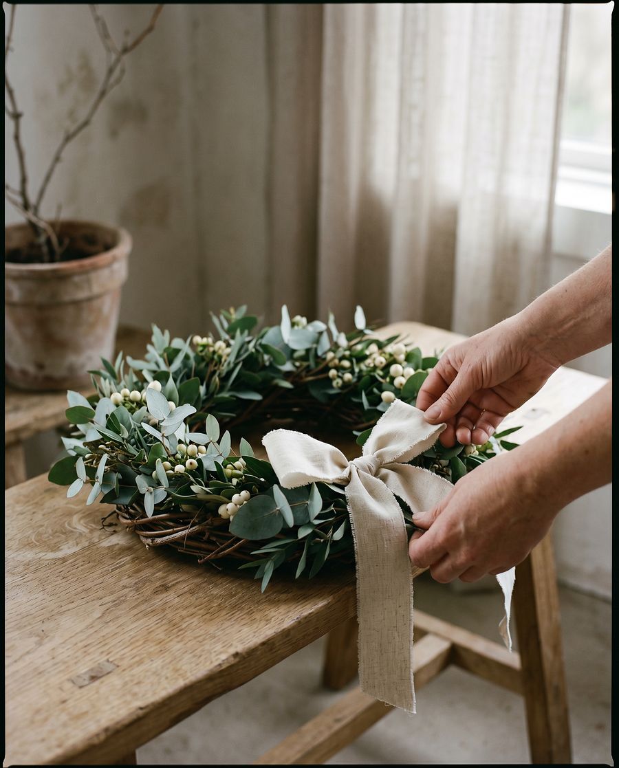Begravningskrans med vita blommor och satinband — klassiskt cirkulärt arrangemang för begravning