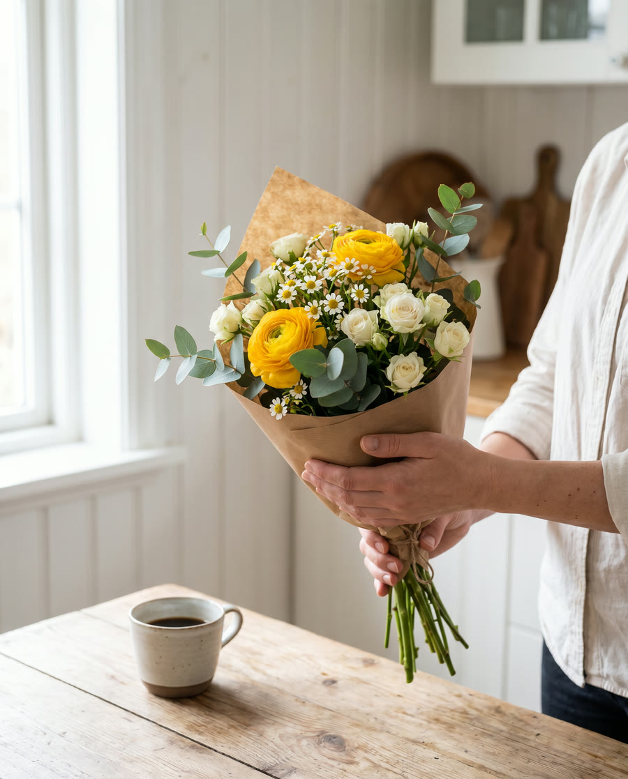 Enkel bukett med säsongsblommor inlindad i kraftpapper — billigt blomsterbud i Stockholm