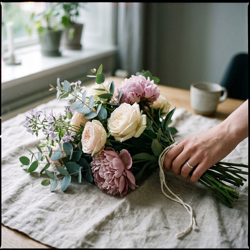 Bukett med mjuka pastellblommor — lämplig sorgbukett att skicka hem till sörjande