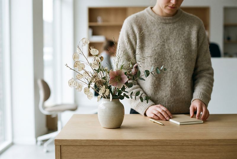 Kontorsblommor i Stockholm — bukett i reception eller mötesrum
