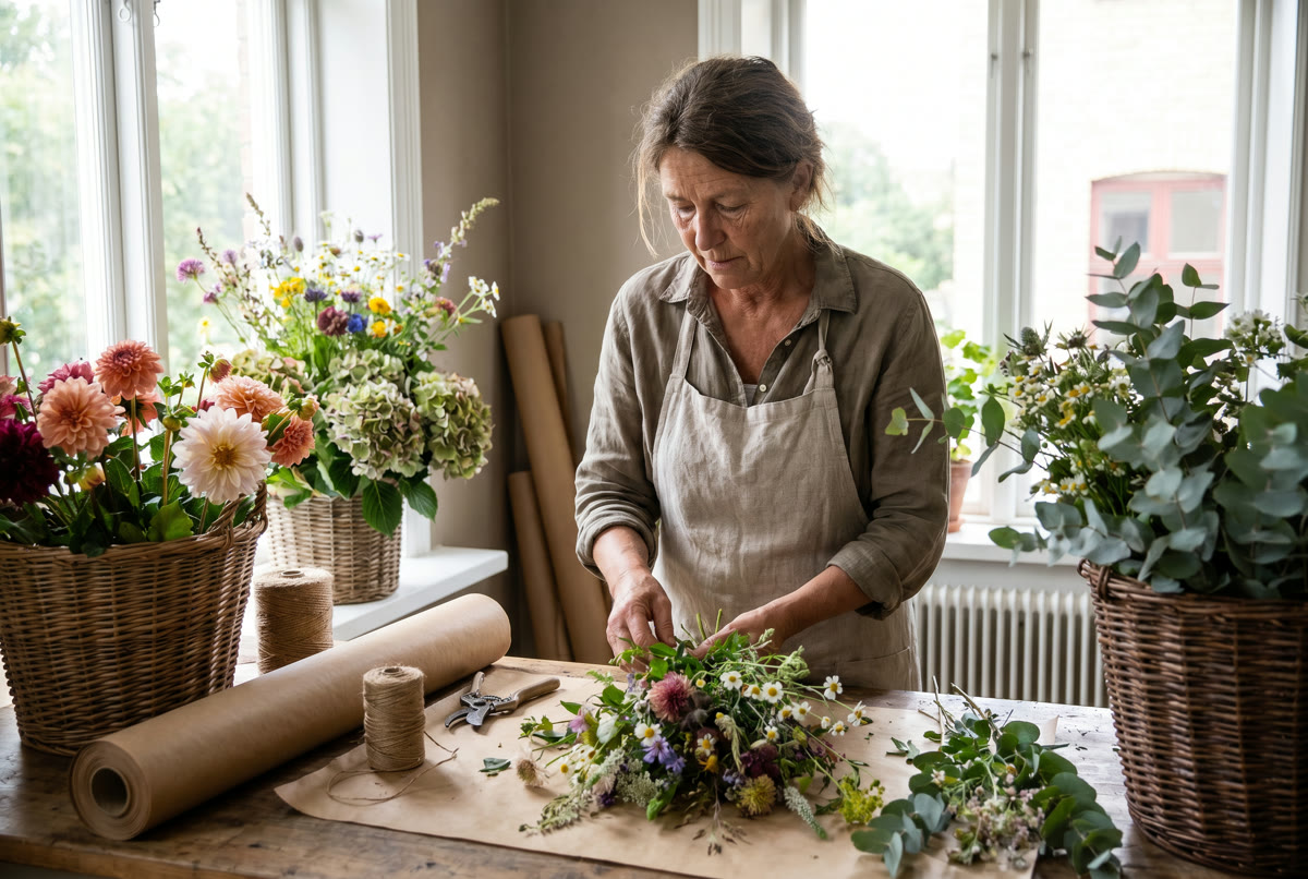 Lokal florist i Malmö binder en personlig bukett av säsongsblommor
