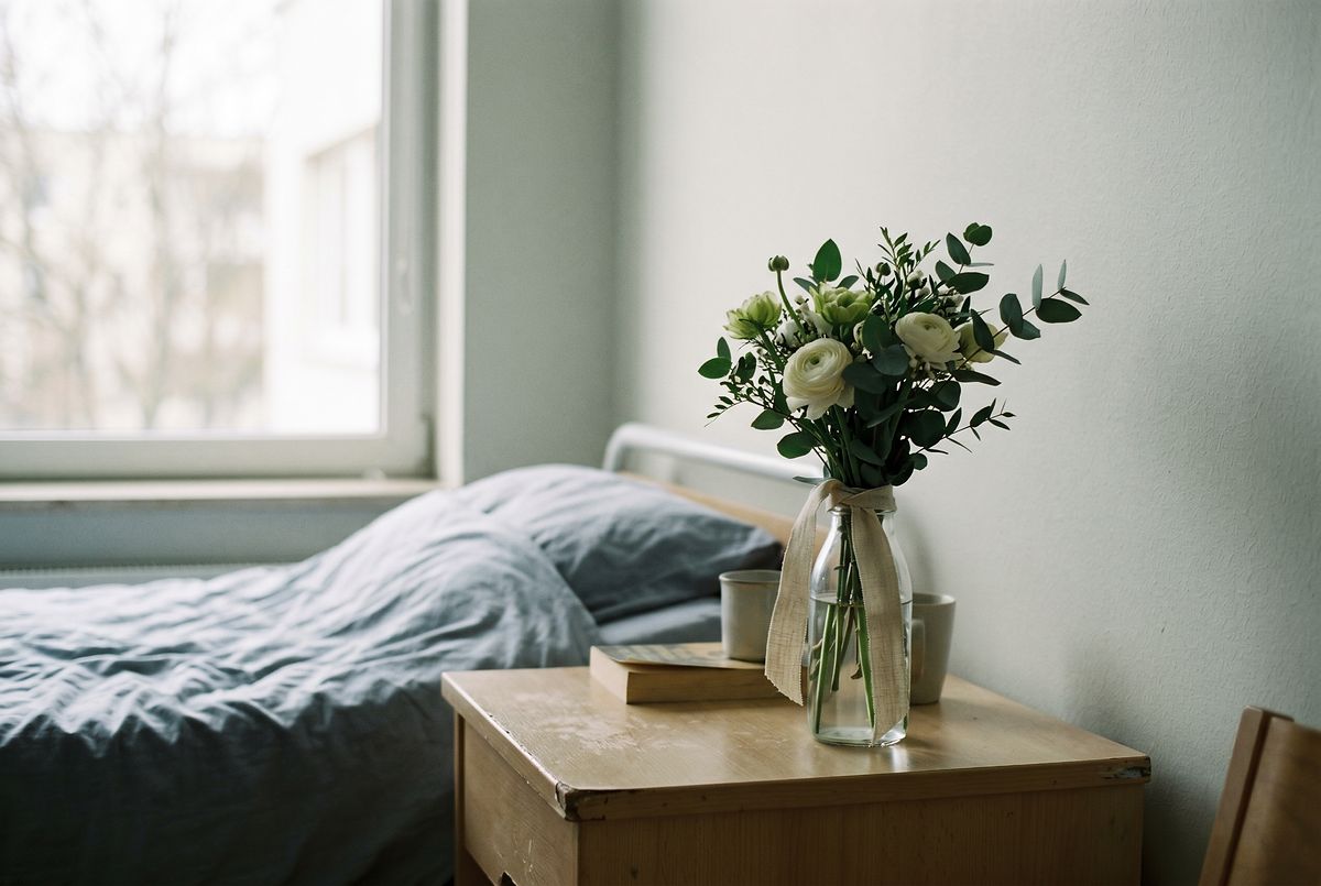 Bukett med ljusa doftsvaga blommor redo för sjukhusleverans i Stockholm