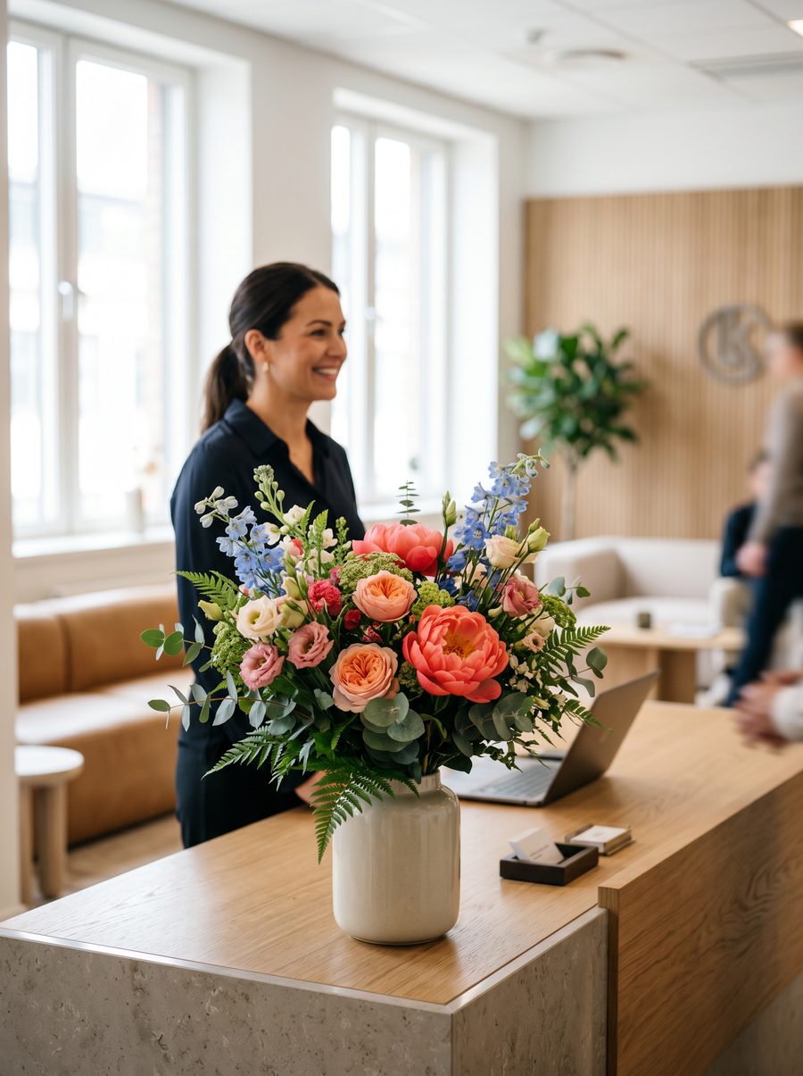 Företagsblommor i reception – stor sommarbukett i modern kontorsmiljö i Stockholm