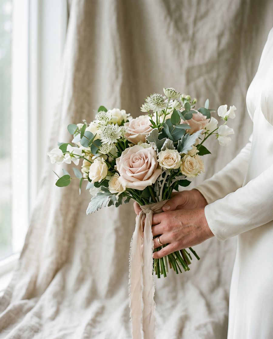 Brudbukett i pasteller från lokal florist i Stockholm