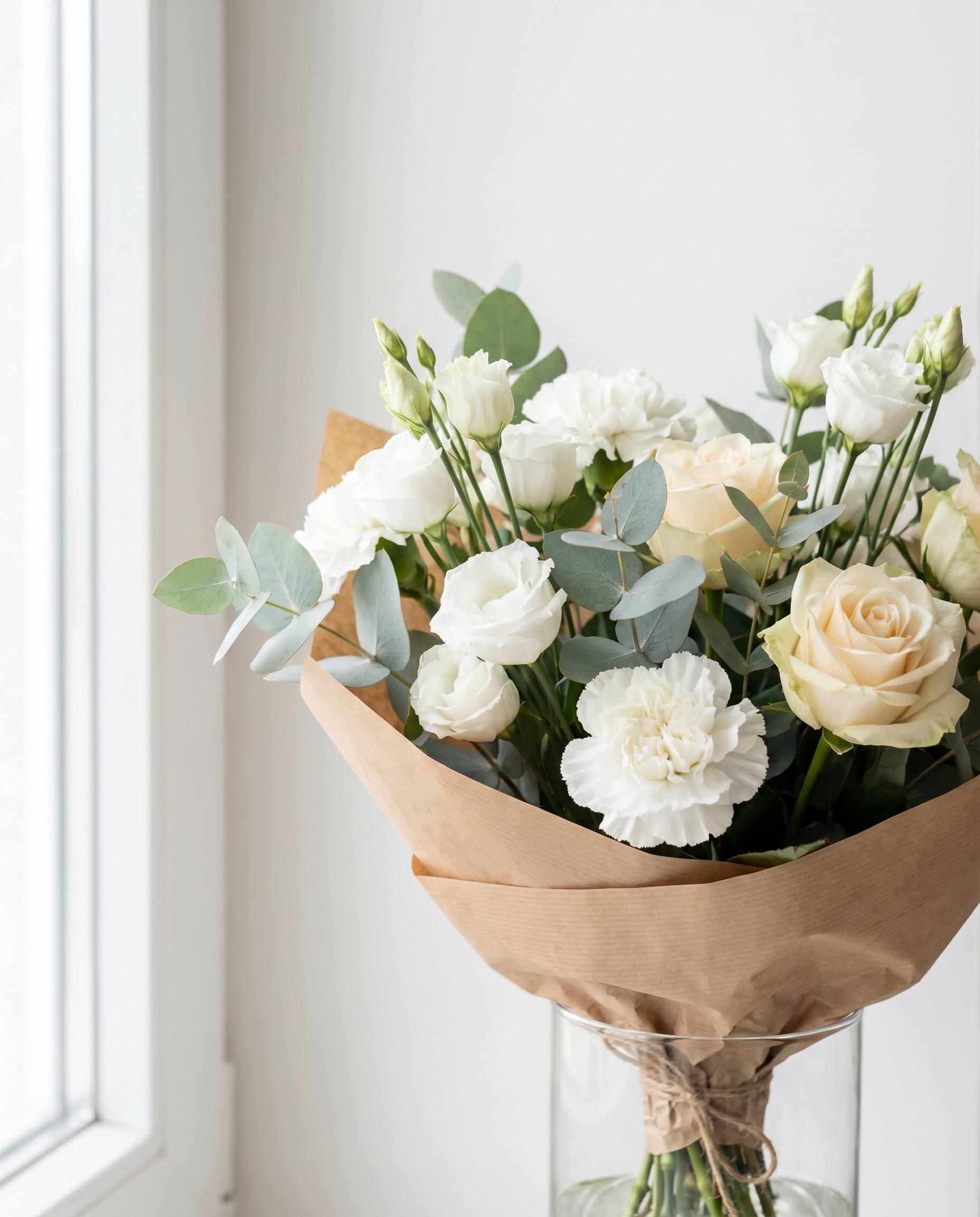 Bukett med vita doftsvaga blommor — för sjukhusleverans i Stockholm