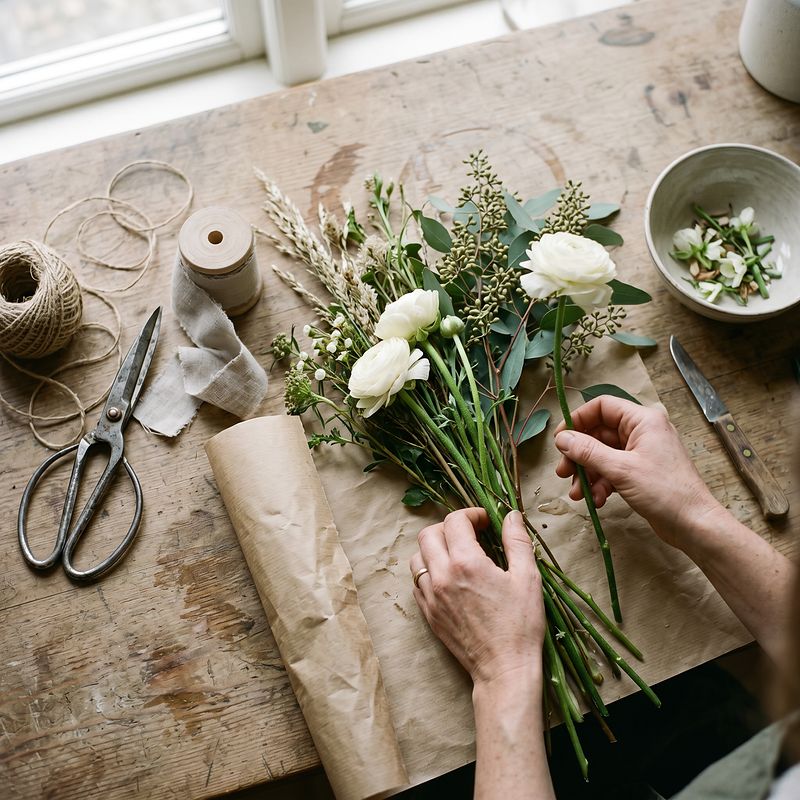 Floristens arbetsbord med säsongsblommor och verktyg — kännetecken för seriös lokal florist i Göteborg