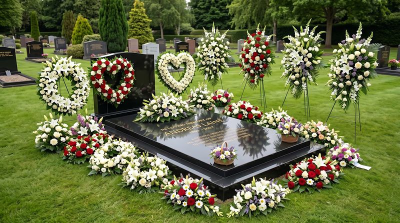 Gravplats med blommor och kransar i Stockholm — gravvård och gravdekoration